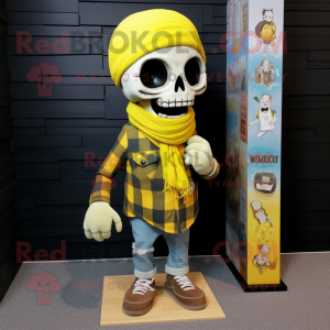 Lemon Yellow Skull mascot costume character dressed with a Flannel Shirt and Scarves