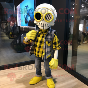 Lemon Yellow Skull mascot costume character dressed with a Flannel Shirt and Scarves