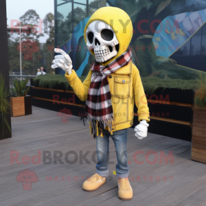 Lemon Yellow Skull mascot costume character dressed with a Flannel Shirt and Scarves