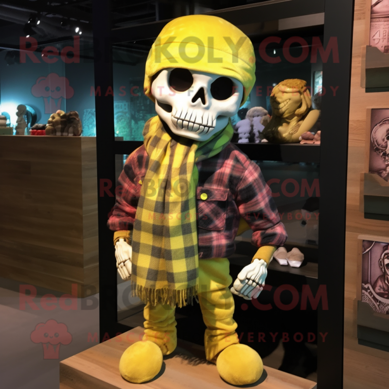 Lemon Yellow Skull mascot costume character dressed with a Flannel Shirt and Scarves