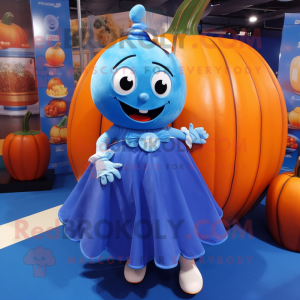 Blue Pumpkin mascot costume character dressed with a Wrap Skirt and Anklets