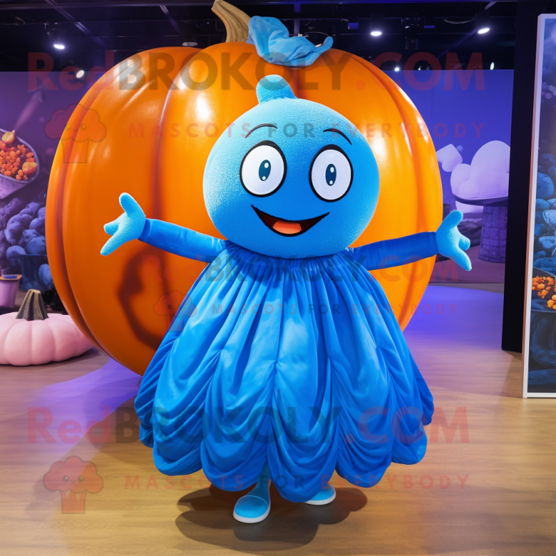 Blue Pumpkin mascot costume character dressed with a Wrap Skirt and Anklets