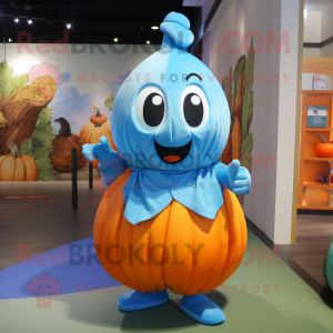 Blue Pumpkin mascot costume character dressed with a Wrap Skirt and Anklets