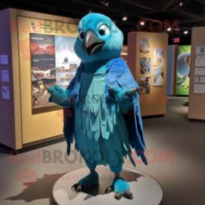 Turquoise Blue Jay mascot costume character dressed with a Wrap Dress and Brooches