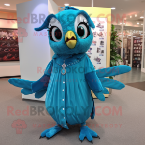 Turquoise Blue Jay mascot costume character dressed with a Wrap Dress and Brooches