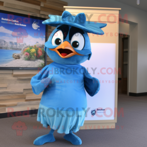 Turquoise Blue Jay mascot costume character dressed with a Wrap Dress and Brooches