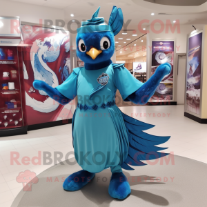 Turquoise Blue Jay mascot costume character dressed with a Wrap Dress and Brooches