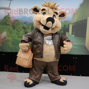 Tan Wild Boar mascot costume character dressed with a Leather Jacket and Tote bags