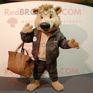 Tan Wild Boar mascot costume character dressed with a Leather Jacket and Tote bags