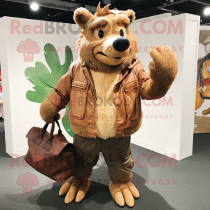 Tan Wild Boar mascot costume character dressed with a Leather Jacket and Tote bags