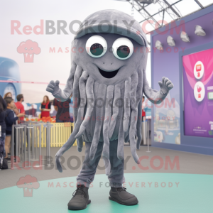 Gray Jellyfish mascot costume character dressed with a Dungarees and Bracelets