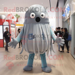 Gray Jellyfish mascot costume character dressed with a Dungarees and Bracelets