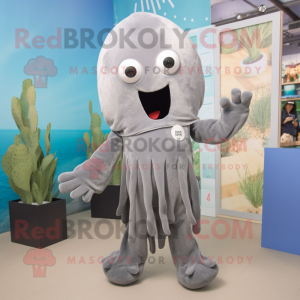 Gray Jellyfish mascot costume character dressed with a Dungarees and Bracelets