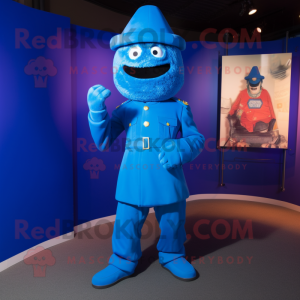 Blue Commando mascot costume character dressed with a Empire Waist Dress and Caps