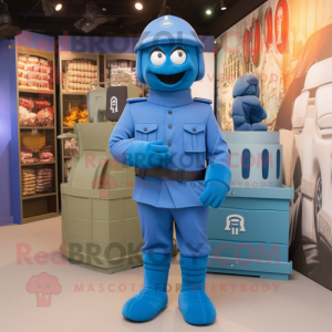 Blue Commando mascot costume character dressed with a Empire Waist Dress and Caps