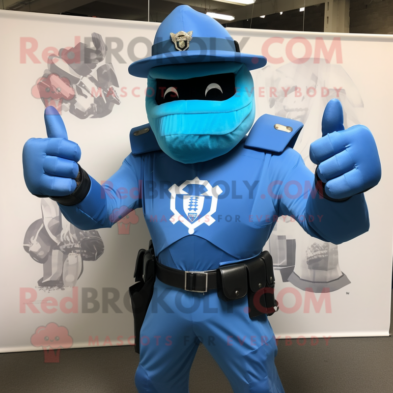 Blue Commando mascot costume character dressed with a Empire Waist Dress and Caps Blue Commando mascot costume character dressed with a Empire Waist Dress and Caps