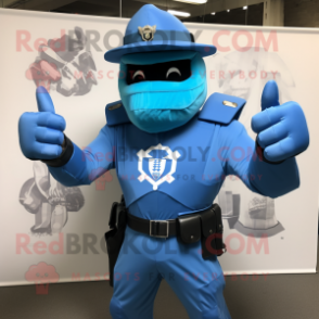 Blue Commando mascot costume character dressed with a Empire Waist Dress and Caps