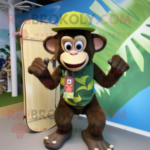 Olive Monkey mascot costume character dressed with a Board Shorts and Berets