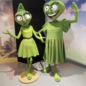 Olive Stilt Walker mascot costume character dressed with a Mini Dress and Shoe clips