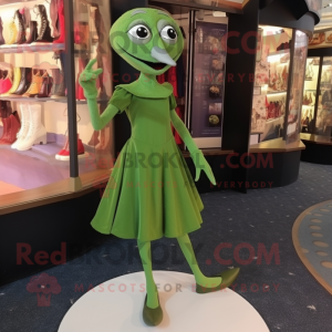 Olive Stilt Walker mascot costume character dressed with a Mini Dress and Shoe clips
