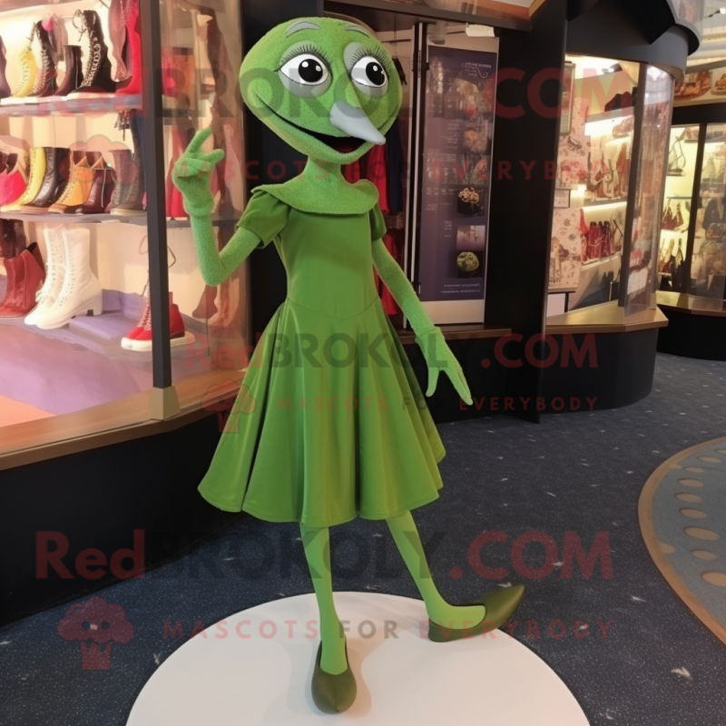 Olive Stilt Walker mascot costume character dressed with a Mini Dress and Shoe clips Olive Stilt Walker mascot costume character dressed with a Mini Dress and Shoe clips