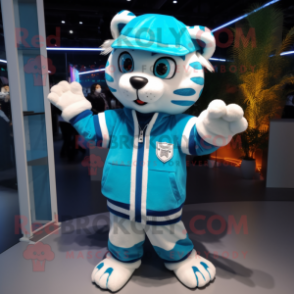 Turquoise Tiger mascot costume character dressed with a Sweatshirt and Berets