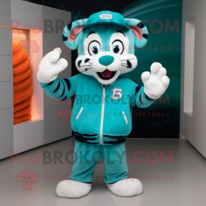 Turquoise Tiger mascot costume character dressed with a Sweatshirt and Berets