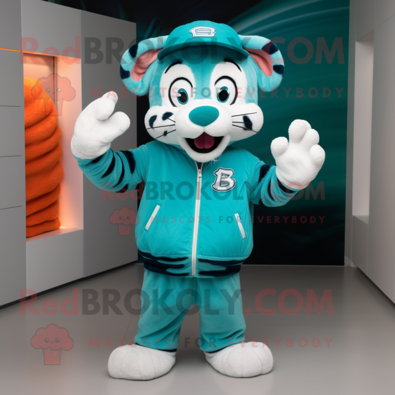 Turquoise Tiger mascot costume character dressed with a Sweatshirt and Berets Turquoise Tiger mascot costume character dressed with a Sweatshirt and Berets