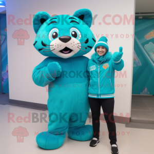 Turquoise Tiger mascot costume character dressed with a Sweatshirt and Berets