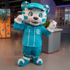 Turquoise Tiger mascot costume character dressed with a Sweatshirt and Berets