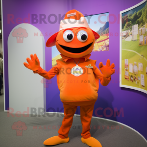 Orange Crab mascot costume character dressed with a Playsuit and Hat pins
