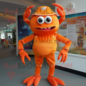 Orange Crab mascot costume character dressed with a Playsuit and Hat pins