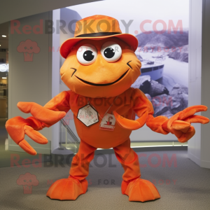 Orange Crab mascot costume character dressed with a Playsuit and Hat pins