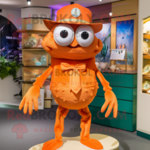 Orange Crab mascot costume character dressed with a Playsuit and Hat pins