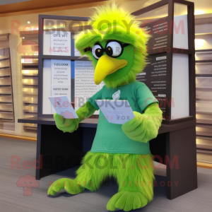 Lime Green Harpy mascot costume character dressed with a Rash Guard and Reading glasses