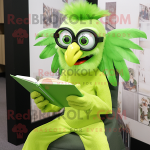 Lime Green Harpy mascot costume character dressed with a Rash Guard and Reading glasses