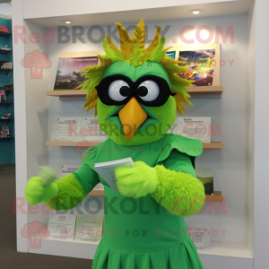 Lime Green Harpy mascot costume character dressed with a Rash Guard and Reading glasses