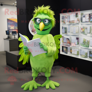 Lime Green Harpy mascot costume character dressed with a Rash Guard and Reading glasses