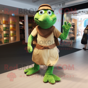 Olive Turtle mascot costume character dressed with a Culottes and Shoe laces