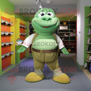 Olive Turtle mascot costume character dressed with a Culottes and Shoe laces