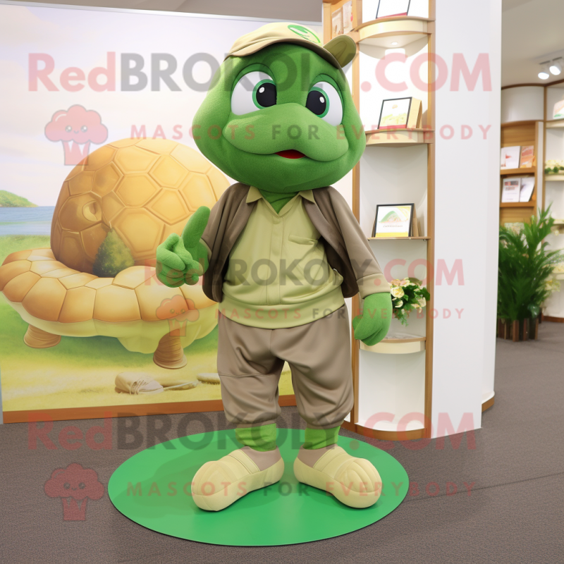 Olive Turtle mascot costume character dressed with a Culottes and Shoe laces