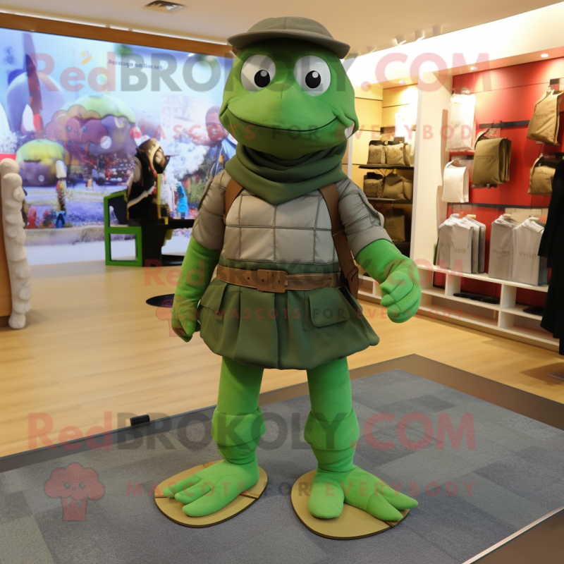 Olive Turtle mascot costume character dressed with a Culottes and Shoe laces