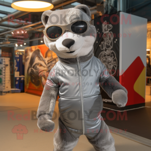 Silver Mongoose mascot costume character dressed with a Turtleneck and Sunglasses