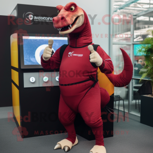 Maroon Parasaurolophus mascot costume character dressed with a Long Sleeve Tee and Smartwatches
