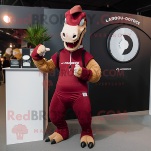 Maroon Parasaurolophus mascot costume character dressed with a Long Sleeve Tee and Smartwatches