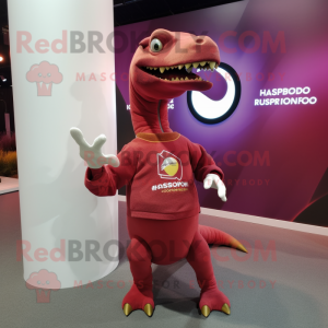 Maroon Parasaurolophus mascot costume character dressed with a Long Sleeve Tee and Smartwatches