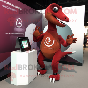 Maroon Parasaurolophus mascot costume character dressed with a Long Sleeve Tee and Smartwatches