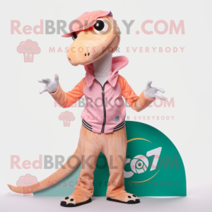 Peach Coelophysis mascot costume character dressed with a Jacket and Headbands