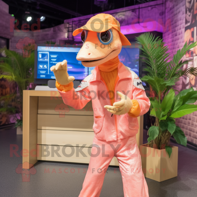 Peach Coelophysis mascot costume character dressed with a Jacket and Headbands Peach Coelophysis mascot costume character dressed with a Jacket and Headbands