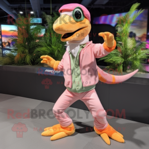 Peach Coelophysis mascot costume character dressed with a Jacket and Headbands